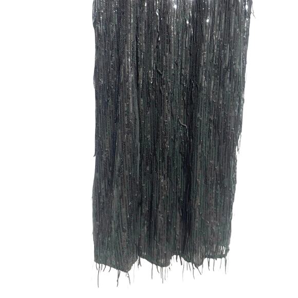 R&M Richards Black Fringe Sequined Maxi Gown w/ Slit Sz 10 Long Formal Flapper - Picture 5 of 10
